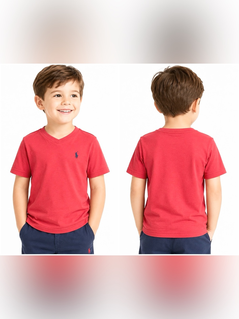 Ralph Lauren Boys' Red V-Neck Tee with Navy Pony
